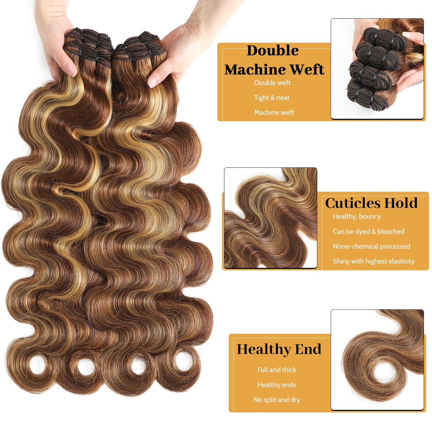 Ciracevi P4/27 Human Hair Bundles Highlight Body Wave Bundles Human Hair 15a Raw Indian Hair Body Wave Blonde 100% Bundles Hair Extensions(4 bundles 18 20 22 24)