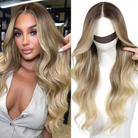 ENCOUNTERU Ombre Blonde Wear and Go Glueless Wig with Bangs Pre Plucked Body Wave Synthetic Lace Front Wigs for Women 13x5x1 Pre Cut Lace Dirty Blonde Wig Middle Part 26 Inch