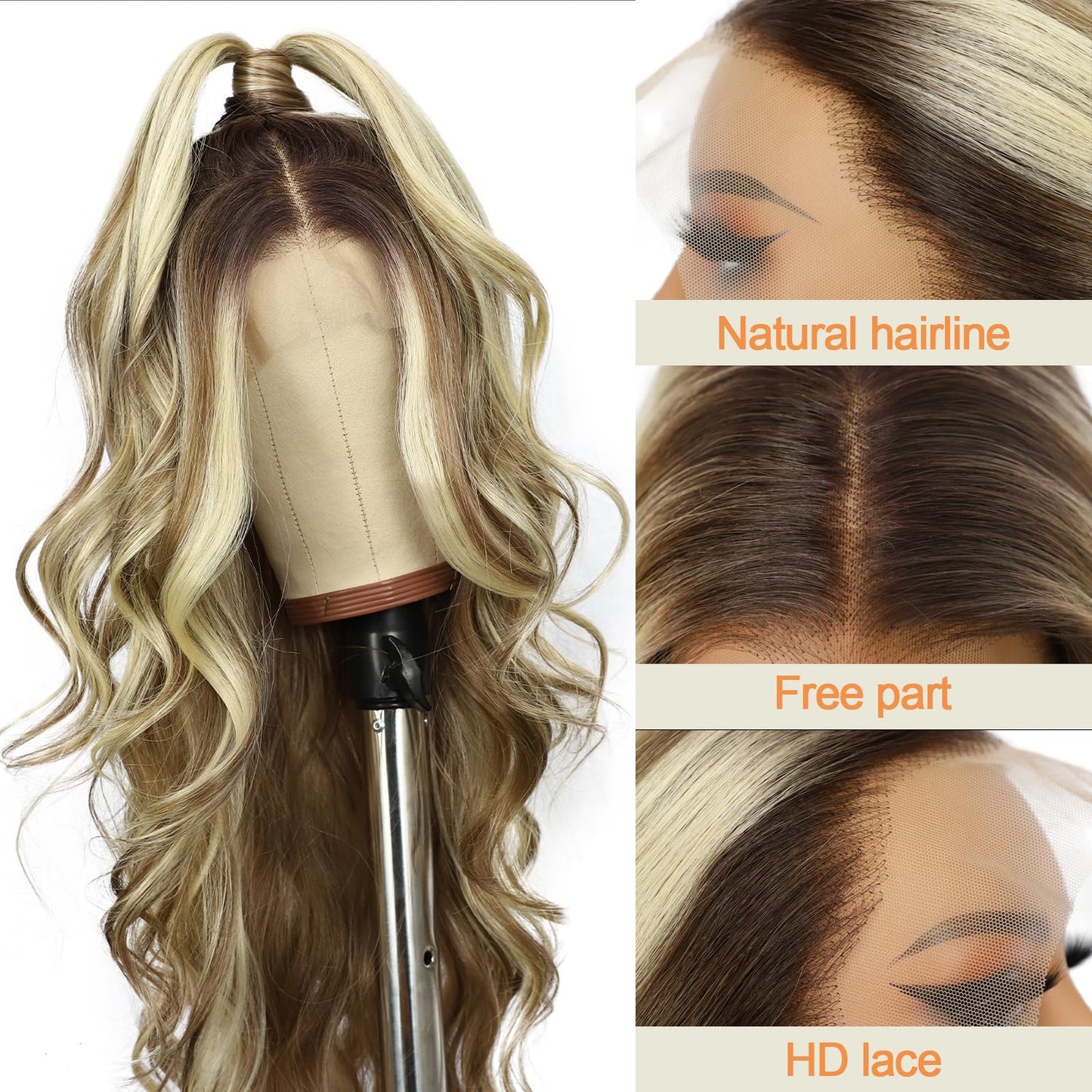 SAPPHIREWIGS 13x4 Lace front Wig Long Blonde with Brown Highlights Wavy for Women Free Part Body Wave Natural Looking Synthetic Heat Resistant Fiber Daily Party Use 26 Inch