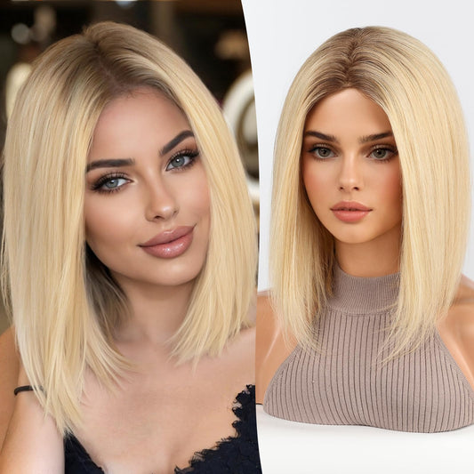 starluck Human Hair Wig for Women Blonde Wigs Real Human Hair Wigs Ombre Light Blonde Layered Bob Wig 12 Inch Silk Base Realistic and Resistant for Daily Party Use