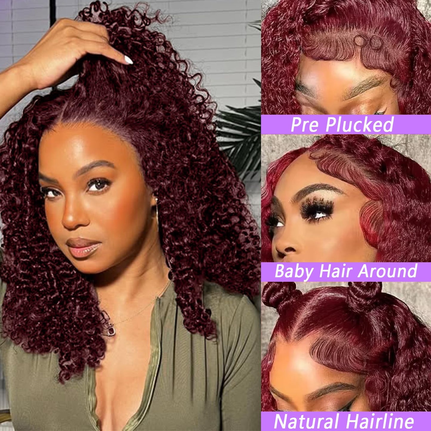 Punmasa 18 Inch Bob Wig Human Hair 13x6 Frontal Lace Wig 200% Density 99J Burgundy Lace Front Wigs Human Hair Pre Plucked Bob Wigs for Women 99J Deep Curly human hair