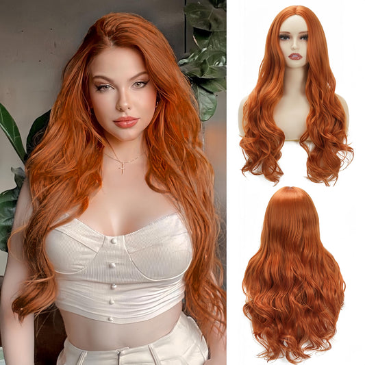 Sabosi Ginger Wig Long Wavy Wigs for Women 26 Inch Middle Part Curly Wavy Wig Natural Looking Synthetic Heat Resistant Fiber Wig for Daily Party Use