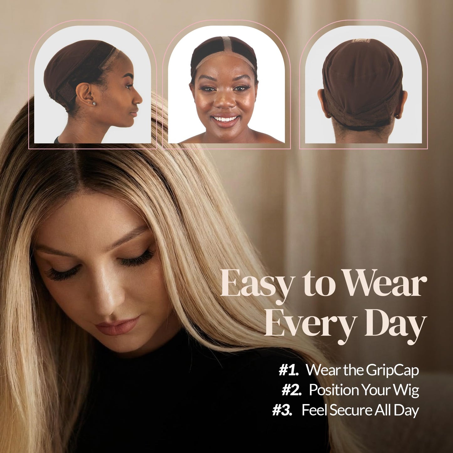 MILANO COLLECTION Lace Wig Grip Cap for Women, Adjustable Wig Caps for Women Non Slip with Headband to Secure Lace Top Perfectly in Place, One Size Fits All, Chocolate Brown & Nude, 2 Pack