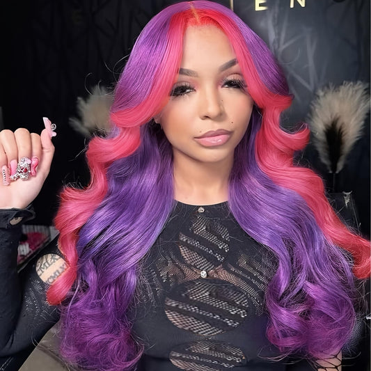 SISIFIRE Purple Red Highlight Long Curly Wavy Wigs for Women Middle Part Synthetic Heat Resistant Fiber Small Lace Wig for Halloween Cosplay Christmas Wigs