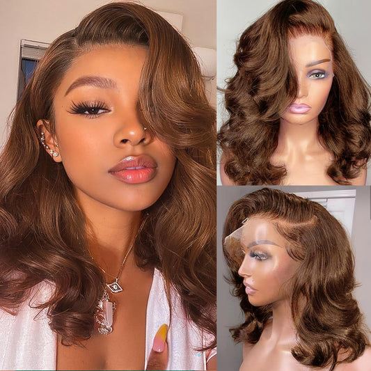 Afribye Brown Wig Human Hair 200% Density 13x6 Body Wave Lace Front Wigs Human Hair Pre Plucked Short Wigs for Black Women Glueless Frontal Wig Human Hair Loose Wavy 14 inch