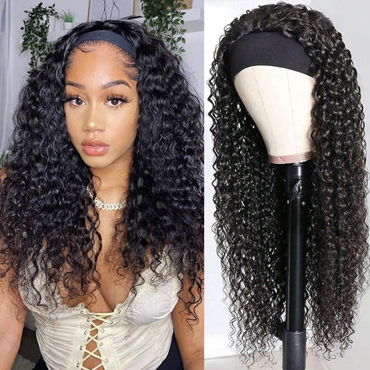 olimaruly Headband Wig Human Hair Deep Wave Natural Black 180% Density None Lace Front Human Hair Glueless Wigs for Black Women (14 Inch)