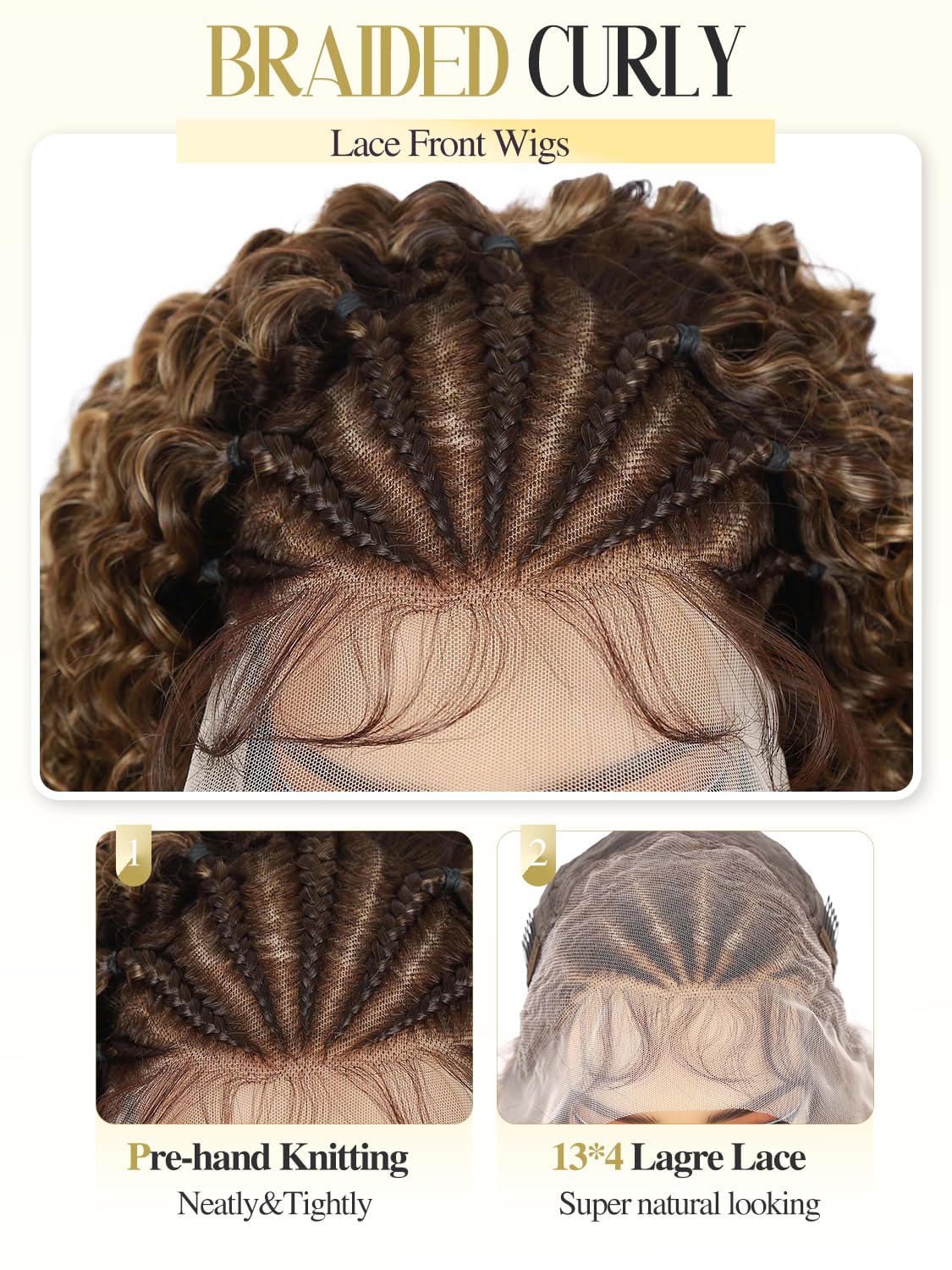 Quantum Love Braided Wig for Black Women Ombre Brown Blone Braids Cornrows Lace Curly Wigs 16 Inch Fully Lace Frontal Braided Curly Bob Synthetic Glueless Wigs