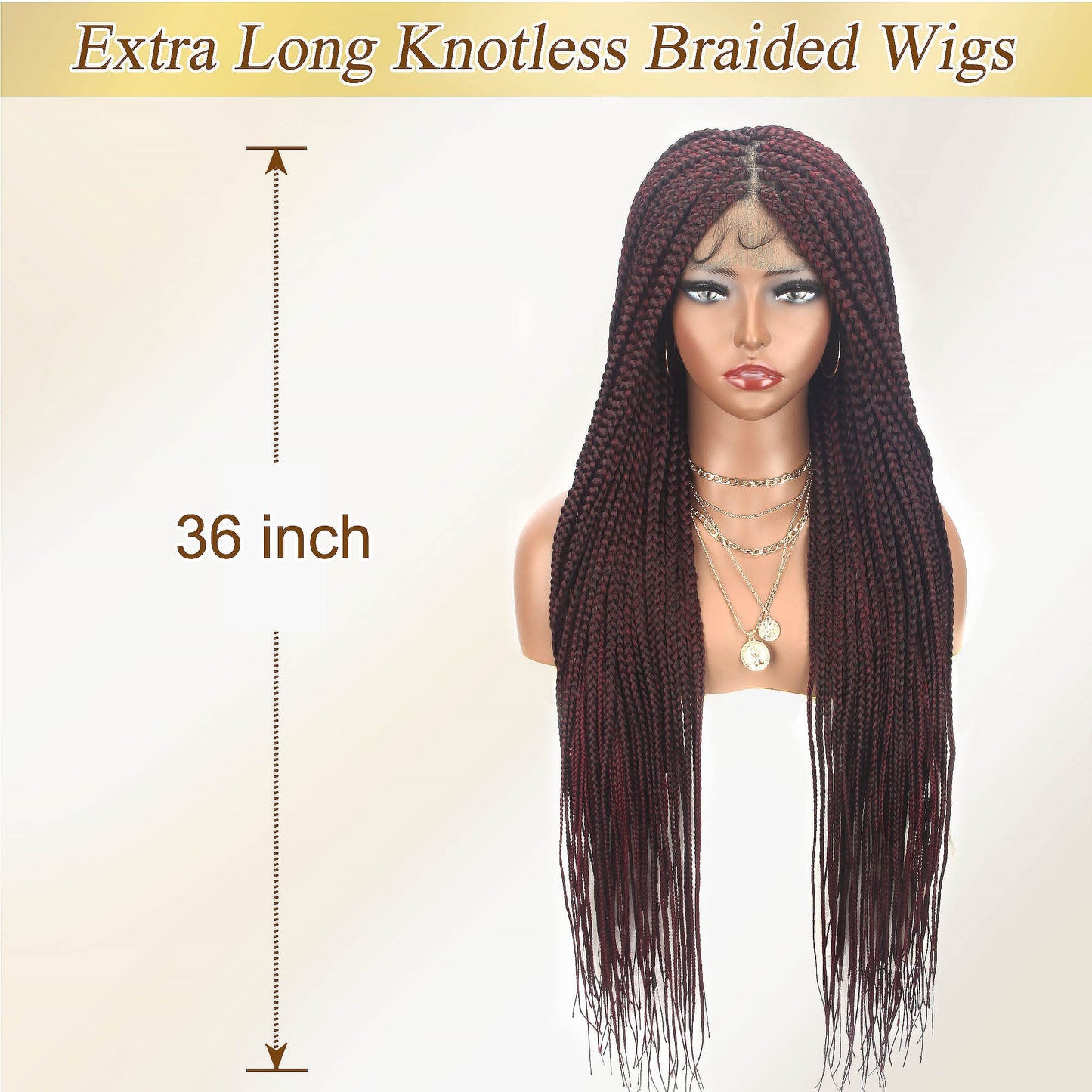 Alebery 36" Full Lace Knotless Box Braided Wigs for Black Women Knotless Box Braids Lace Front Wig with Baby Hair Lightweight Synthetic Lace Frontal Burgundy Cornrow Twisted Braided Wigs (1B/BG)