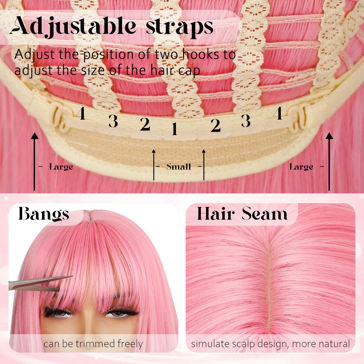 NOVFLKW Light Pink Long Straight Layered Wig with Bangs for Women 26 inch Put on Go Realistic Synthetic Fiber Heat Resistant Natural Wig for Girls Party Cosplay and Daily Use