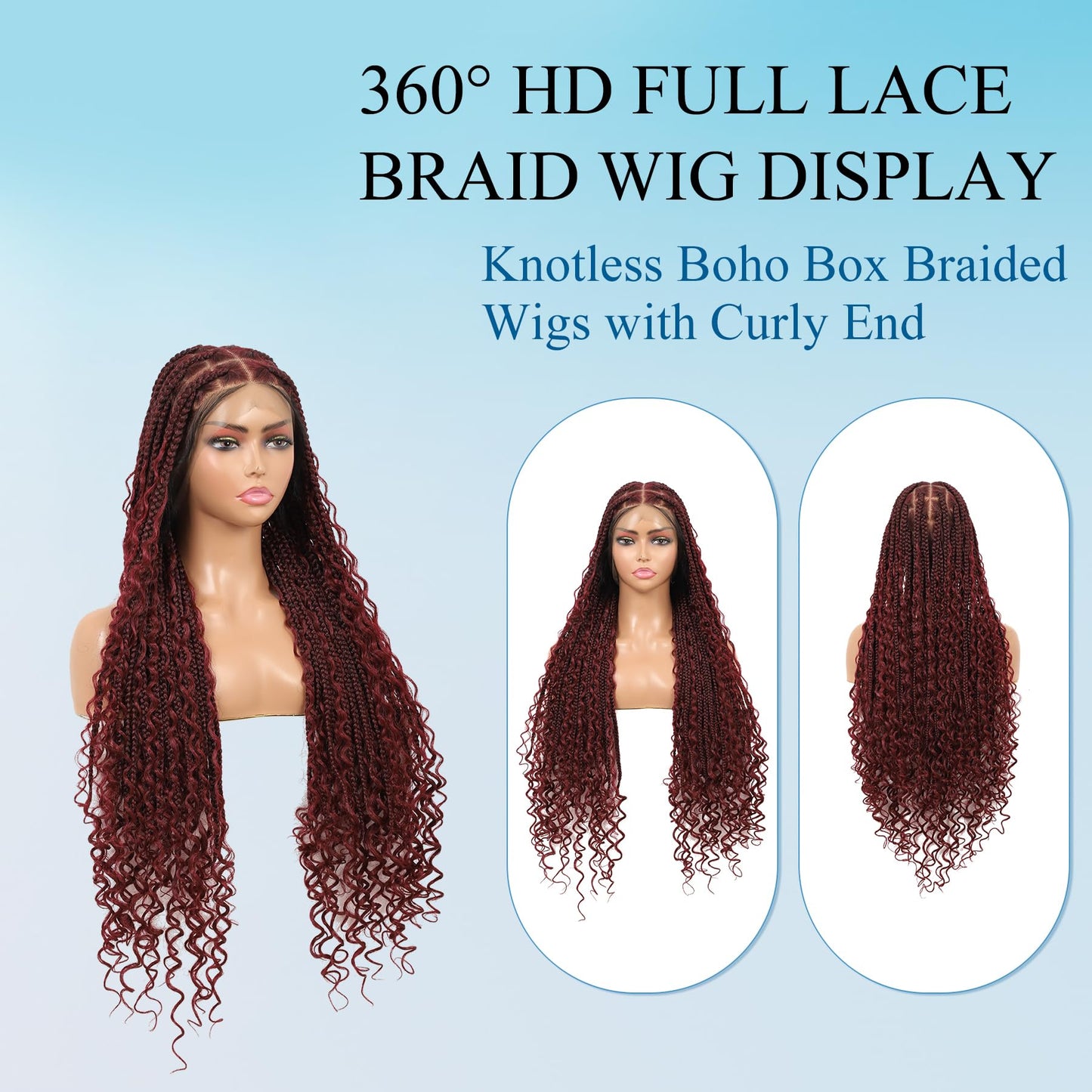 Olymei 360° HD Full Lace Knotless Braided Wigs for Black Women Boho Braided Wigs with Baby Hair Box Braid Wig Premium Synthetic Braid Lace Front Wig with Curly End Burgundy 36"