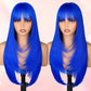 NOVFLKW Blue Long Straight Layered Wig with Bangs for Women 26 inch Put on Go Realistic Synthetic Fiber Heat Resistant Natural Wig for Girls Party Cosplay and Daily Use