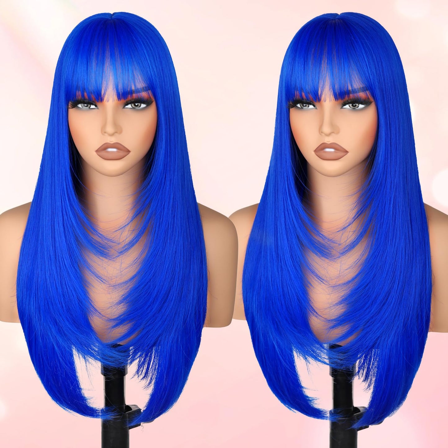 NOVFLKW Blue Long Straight Layered Wig with Bangs for Women 26 inch Put on Go Realistic Synthetic Fiber Heat Resistant Natural Wig for Girls Party Cosplay and Daily Use