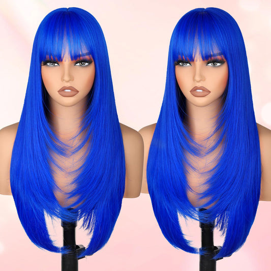 NOVFLKW Blue Long Straight Layered Wig with Bangs for Women 26 inch Put on Go Realistic Synthetic Fiber Heat Resistant Natural Wig for Girls Party Cosplay and Daily Use