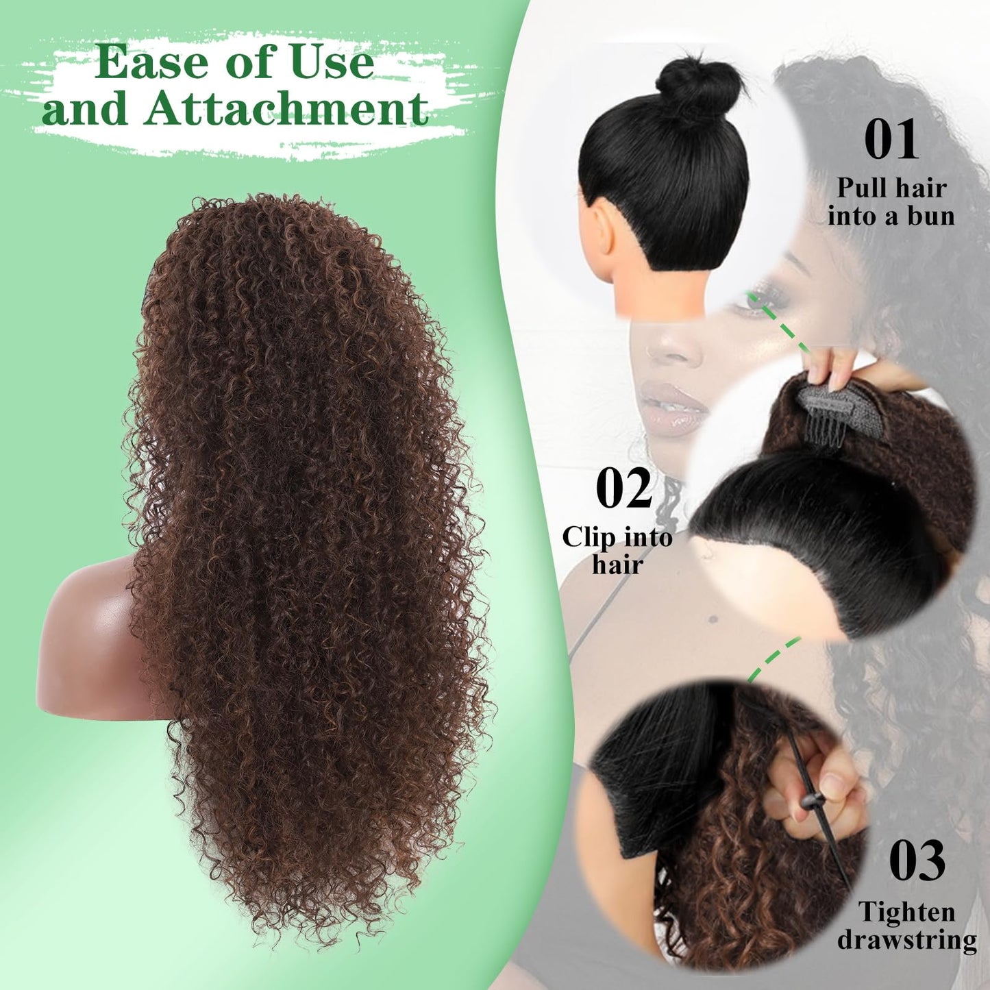 Youthfee Drawstring Ponytail for Women Deep Curly Ponytail Extension Synthetic Mixed with Human Hair Ponytails Dark Brown Afro Kinky Curly Pony for Daily wear,27 Inches