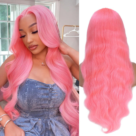 NKMR 13x6 Pink Lace Front Wig Human Hair Pink Wigs for Women Body Wave 13x6 Hd Lace Frontal Wigs Glueless Pre Plucked with Baby Hair(34Inch)