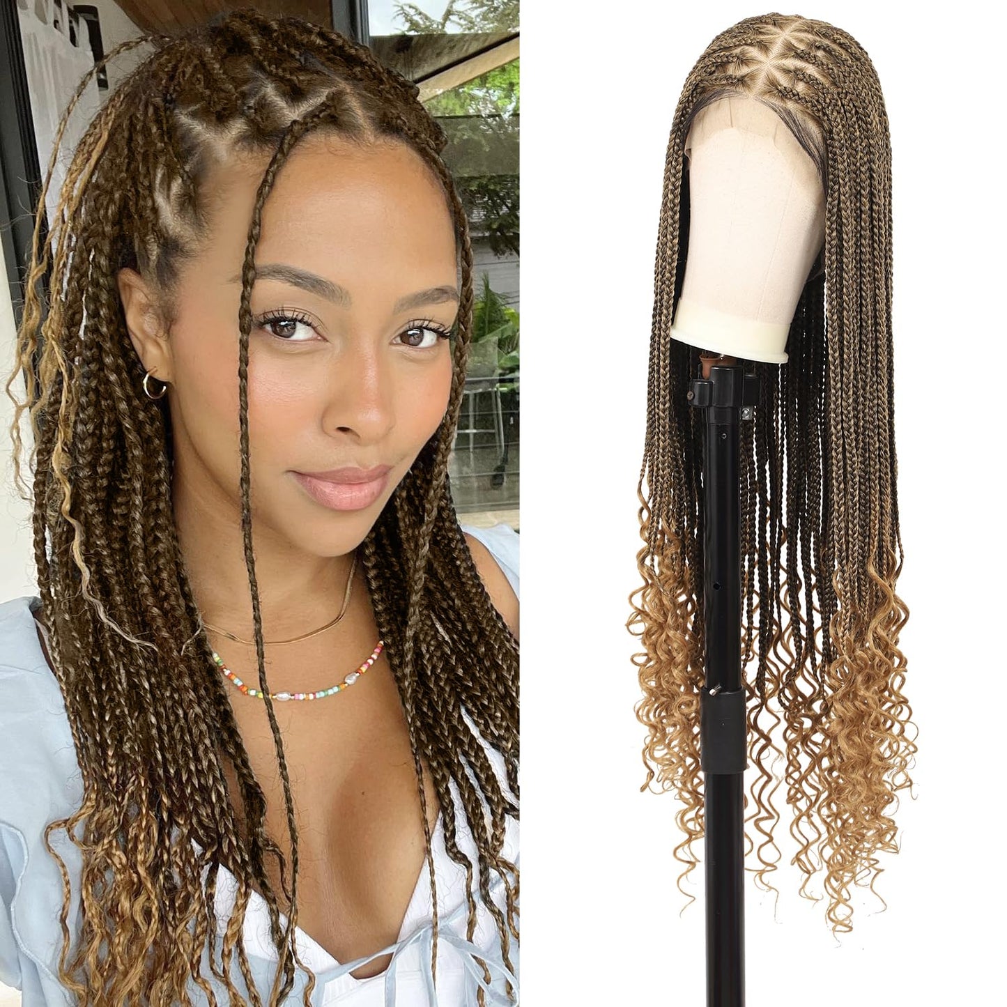 Olymei 360° Hd Full Lace Braided Wigs for Women Triangle Knotless Braided Wigs with Curly End with Baby Hair Box Braid Wig Premium Synthetic Braid Lace Front Wig Light Brown 36"