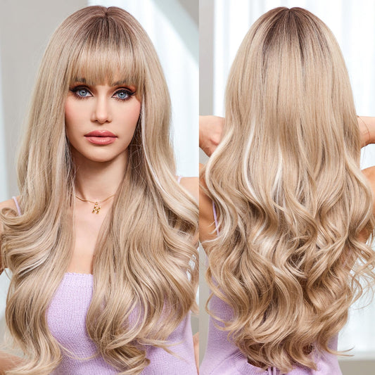 HAIRCUBE Ombre Gray Blonde Synthetic Women's Wig Layered Wigs with Bangs Long Wavy Heat Resistant Natural Wigs
