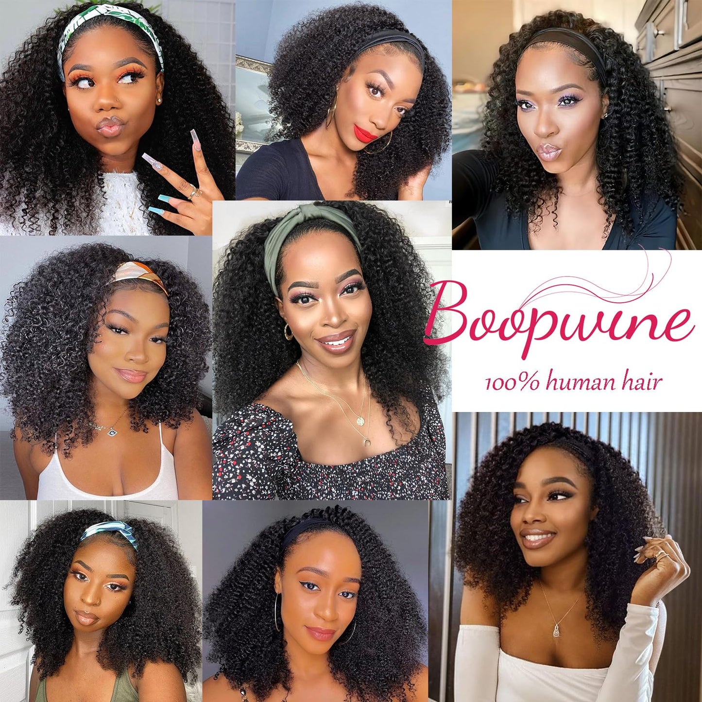 Kinky Curly Headband Wig Human Hair 18 Inch Headband Wigs for Women Human Hair Glueless None Lace Front Curly Wave Wigs Brazilian Virgin Hair Wear and Go Glueless Wig 150% Density Natural Black Color