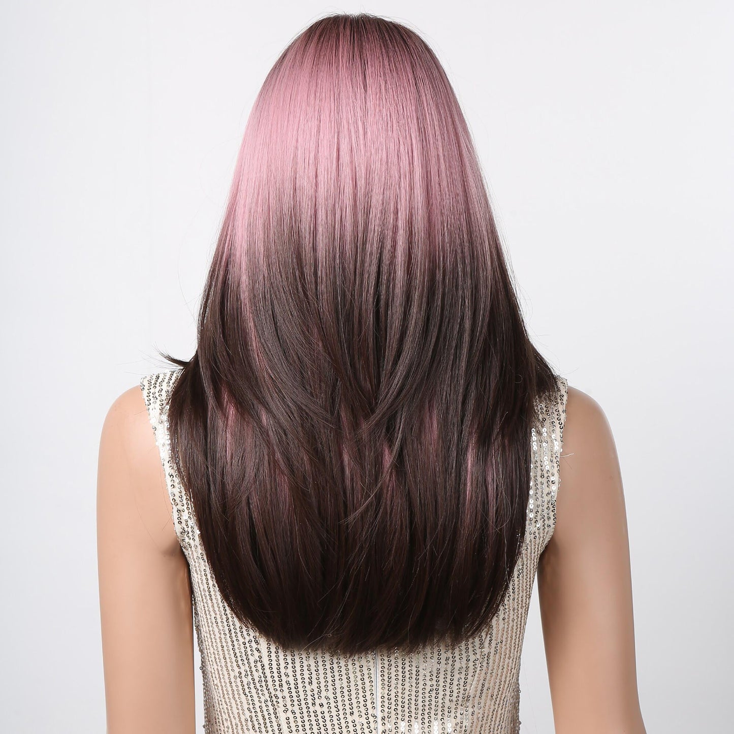 Tumhorn Long Ombre Brown and Pink Wigs for Women Straight Synthetic Wig with Bangs Brown Highlight Hair Replacement Wigs