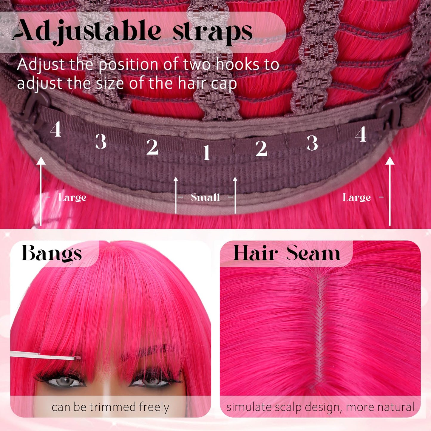 NOVFLKW Hot Pink Long Straight Layered Wig with Bangs for Women 26 inch Put on Go Realistic Synthetic Fiber Heat Resistant Natural Wig for Girls Party Cosplay and Daily Use