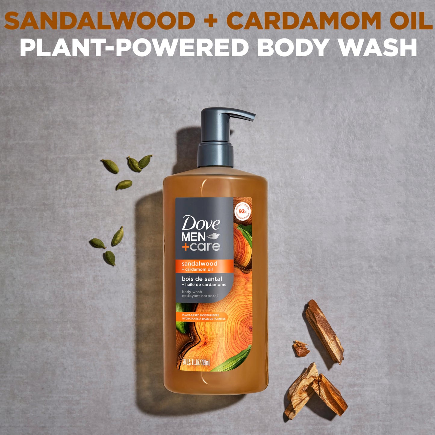 DOVE MEN + CARE Body Wash Sandalwood + Cardamom Oil to Rebuild Skin in the Shower with Plant-Based Cleansers and Moisturizers 26 oz