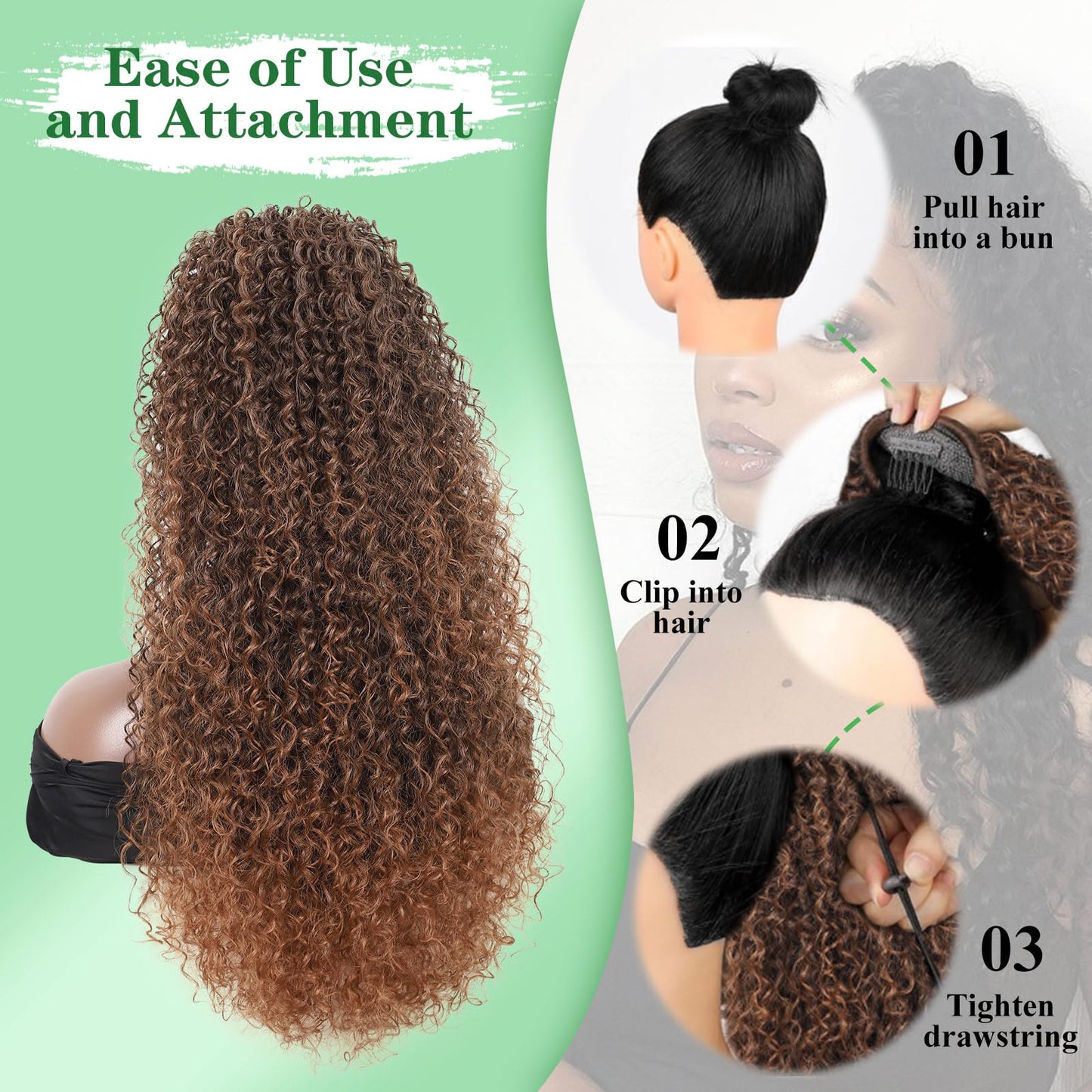 Youthfee Drawstring Ponytail for Women Deep Curly Ponytail Extension Synthetic Mixed with Human Hair Ponytails Light Brown Afro Kinky Curly Pony for Daily wear,27 Inches