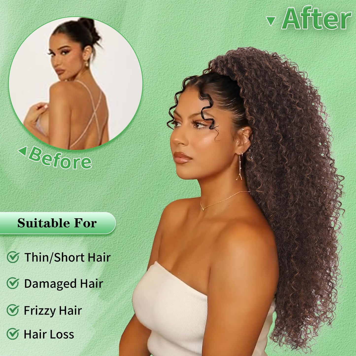 Youthfee Drawstring Ponytail for Women Deep Curly Ponytail Extension Synthetic Mixed with Human Hair Ponytails Dark Brown Afro Kinky Curly Pony for Daily wear,27 Inches