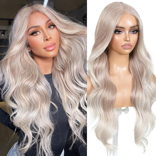 ENCOUNTERU Ash Blonde Wear and Go Glueless Wig with Bangs Synthetic Lace Front Wigs for Women Body Wave Pre Plucked Pre Cut HD Lace Glueless Ombre Wig Middle Part 26Inch