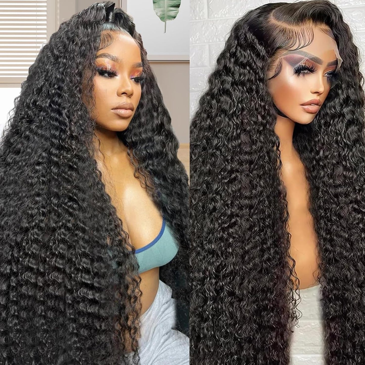 Gearina 22inch Deep Wave Lace Front Wigs Human Hair 200 Density 13x6 HD Transparent Lace Front Wigs for Women Deep Curly Lace Frontal Pre Plucked Wig Human Hair Glueless Wigs Natural Black