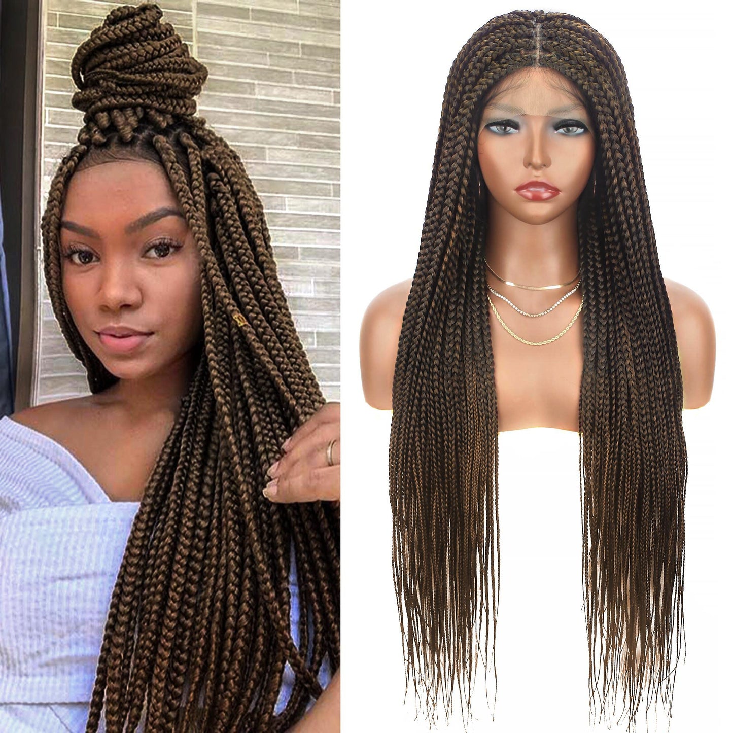 Alebery 36" Full Lace Knotless Box Braided Wigs for Black Women Knotless Box Braids Lace Front Wig with Baby Hair Lightweight Synthetic Lace Frontal Light Brown Cornrow Twisted Braided Wigs (1B/27)