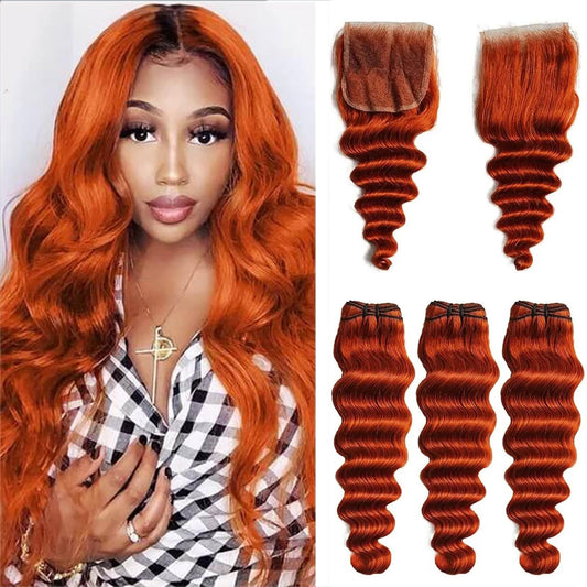10A Ginger Human Hair Bundles with Closure Loose Deep Wave Quick Weave Bundles with hd Lace Closure-22 24 26+20inch, Unprocessed Brazilian Raw Loose Wave Human Hair