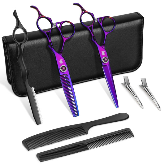 Dragon Creek Hair Cutting Thinning Scissors Set Haircut Texturizing Blending Hairdressing Shear Kit Professional for Stylist, Hairdresser, Men, Women, Kids Salon Barber Home Purple 9pcs 6"