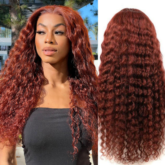 PYY Reddish Brown Deep Wave 13x4 Lace Front Wig Human Hair 33# Auburn Color – Glueless Pre Plucked, Soft Tangle-Free Raw Human Hair, Beginner Friendly, Natural Hairline, Effortless Glam Look 32 Inch