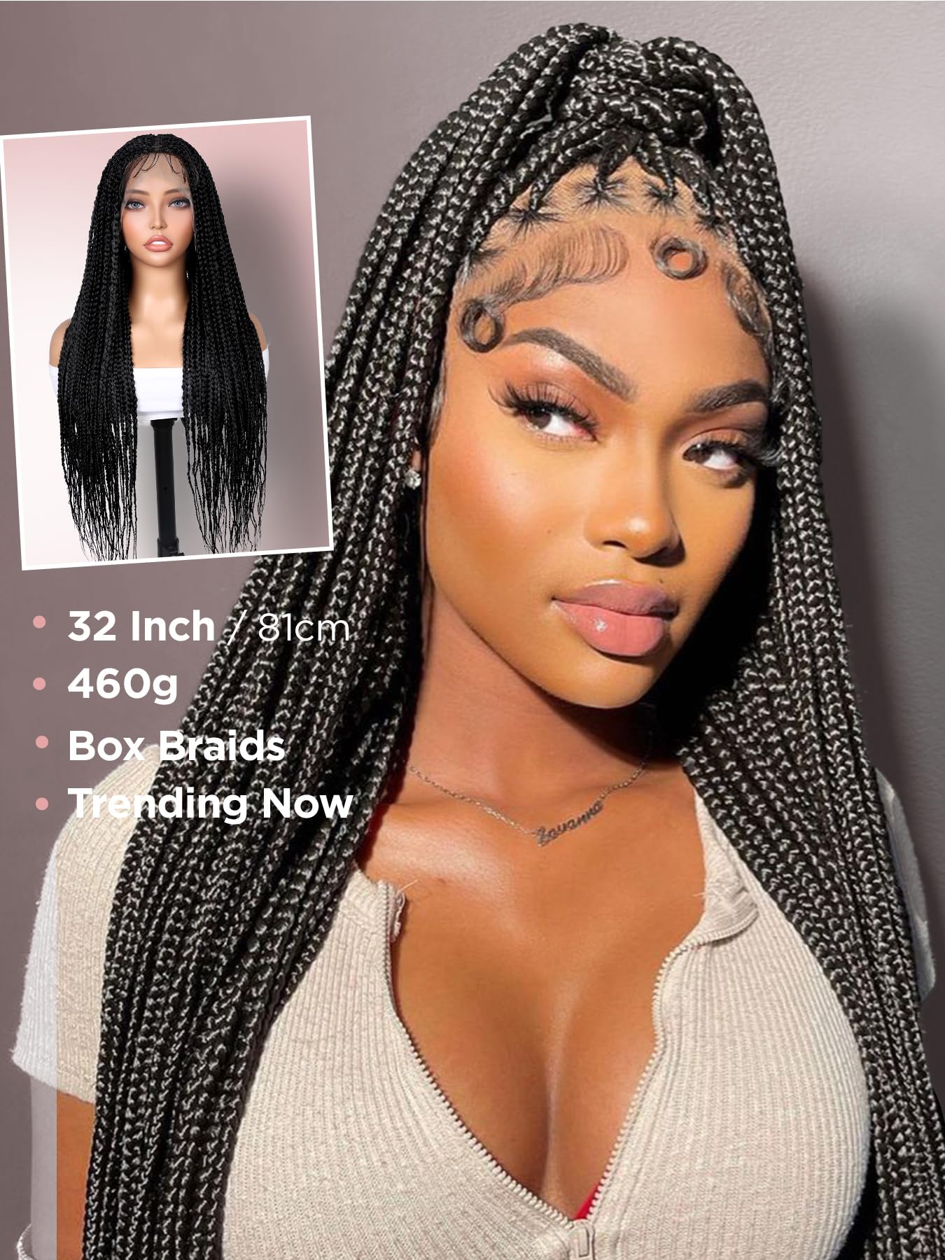 FANCEE Full Lace Box Braid Wig with Baby Hair Pre Plucked Knotless Square Part Braided Wig for Black Women Full Double Lace Frontal Synthetic Handmade Braids Natural Hairstyle(1b, 32")