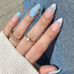 24 Pcs Blue Almond Press on Nails Medium Length Fake Nails 3D Flower and Water Ripple Design Artificial Acrylic Nails Press ons Cute French Tip False Nails Summer Glue-Free Nails for Women