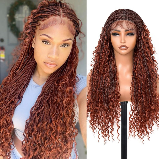 Suntefic Knotless Boho Box Braided Wigs for Black Women Glueless Double Full Lace Front Human Hair Blended Goddess Braid Wig with Baby Hair Bohemian Curly Ends (Boho Box-#1BT350, 28 Inch)