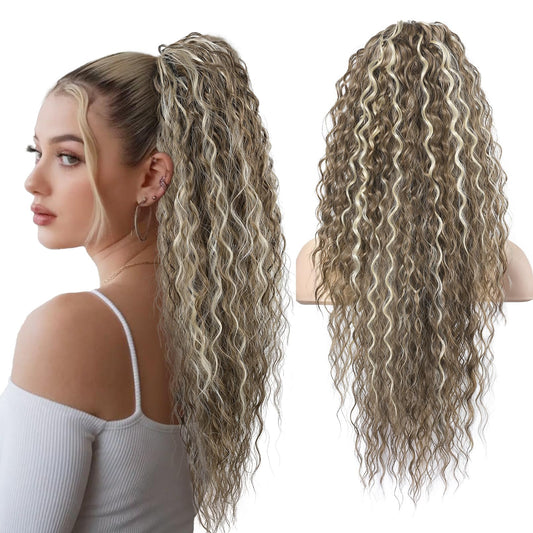 Flufymooz Ponytail Extension, 26 Inch Bohemian Style Drawstring Ponytail Hair Extensions for Women, Long Curly Wavy Pony Tail Natural Synthetic Hairpiece for Women (Ash Brown with Blonde Highlights)
