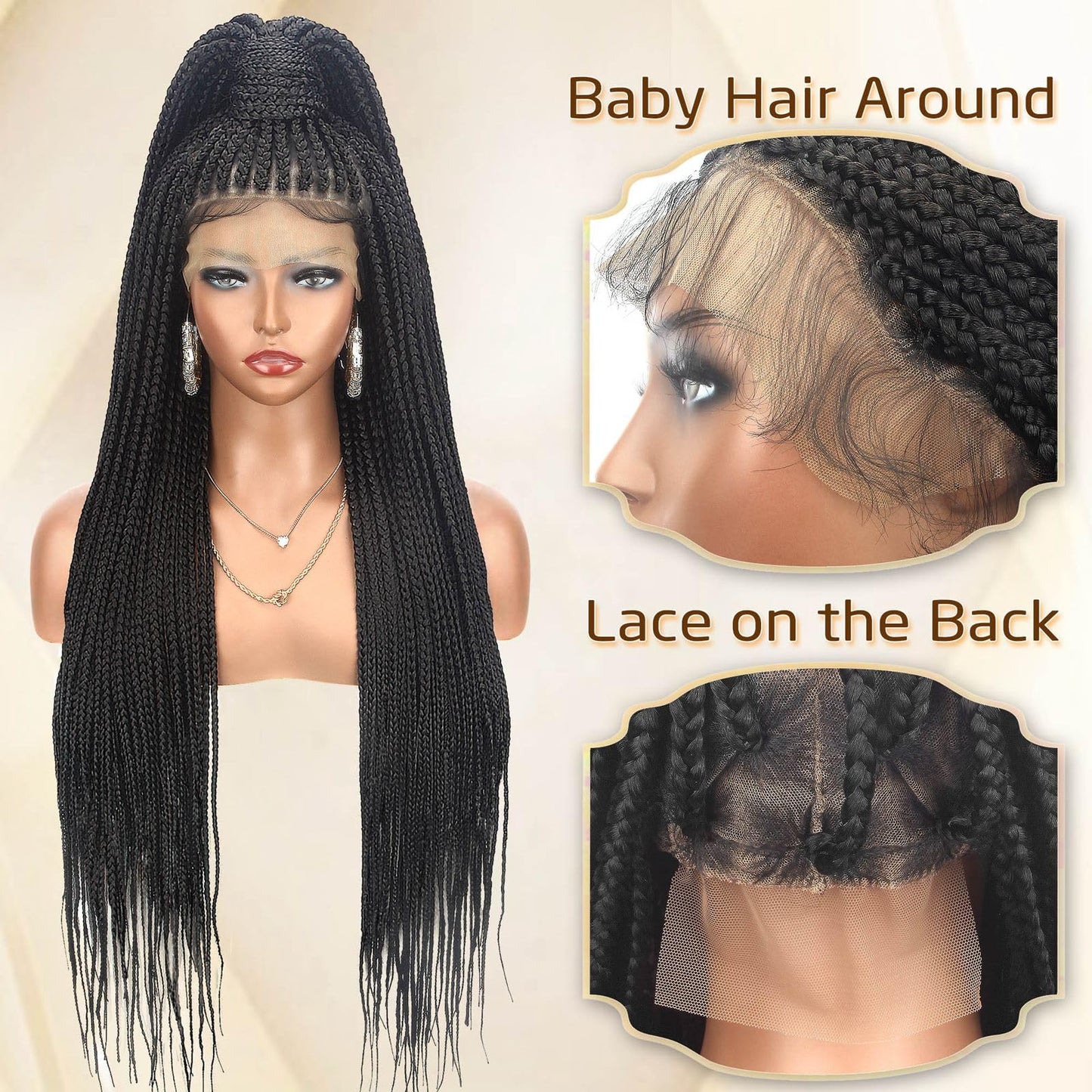 Alebery 36" Full Lace Knotless Box Braided Wigs for Black Women Twisted Braids Lace Synthetic Frontal Black Cornrow Wig with Baby Hair, Lightweight (1B)