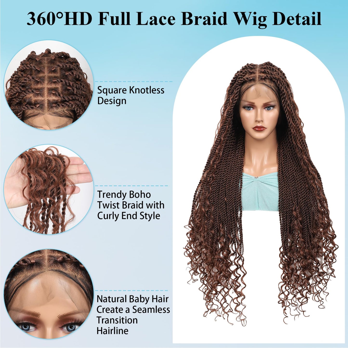 Olymei 360° HD Full Lace Braided Wigs for Women Knotless Boho Braided Wigs Twisted Braid Lace Wig with Baby Hair Premium Synthetic Braid Lace Front Wig Brown 36"