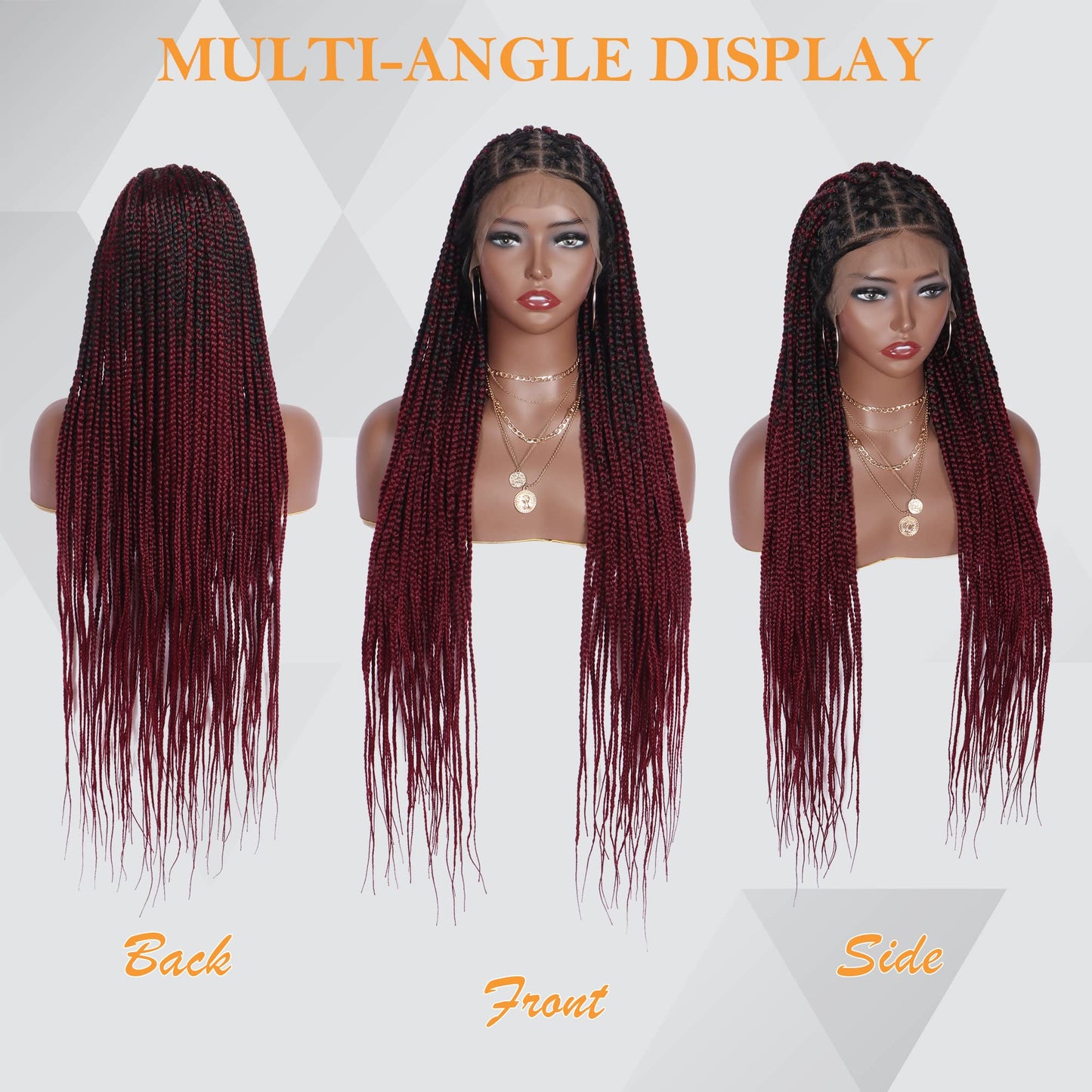 Alebery 36" Full Lace Criss Cross Knotless Box Braided Wigs for Black Women Knotless Box Braids Lace Front Wig with Baby Hair Lightweight Synthetic Burgundy Cornrow Braided Wigs (1B/BG)