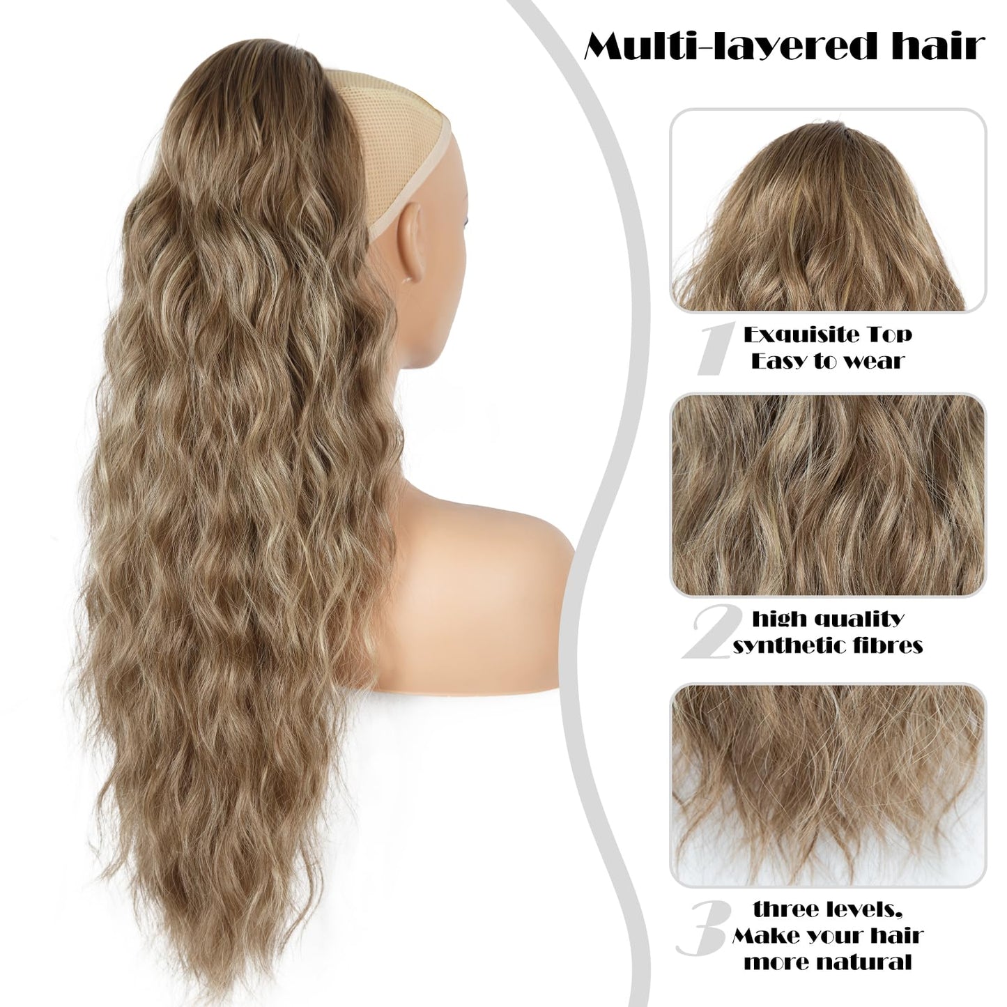 26 inch Drawstring Ponytail Extension for Women, Wavy Pony Tails Hair Extensions, Synthetic Hair Extensions Ponytail for Daily Use (Color: Ash Brown Mixed Beige Blonde)