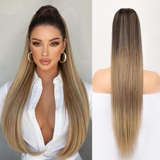 ORSUNCER Drawstring Ponytail Extension, Long Straight Pony Tails Hair Extensions Natural Soft Clip in Ponytail for Women Synthetic Hairpieces Ombre Black Mix Blonde