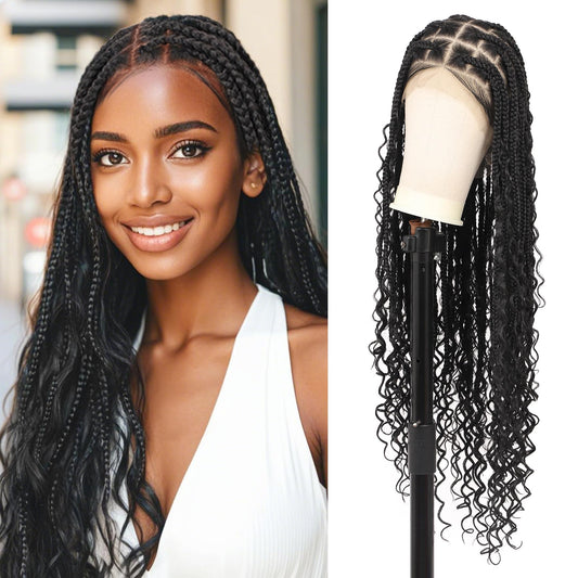 Olymei 360° HD Full Lace Front Knotless Braided Wigs for Black Women Boho Braided Wigs with Baby Hair Box Braid Wig Premium Synthetic Braid Lace Front Wig with Curly End Black 36"