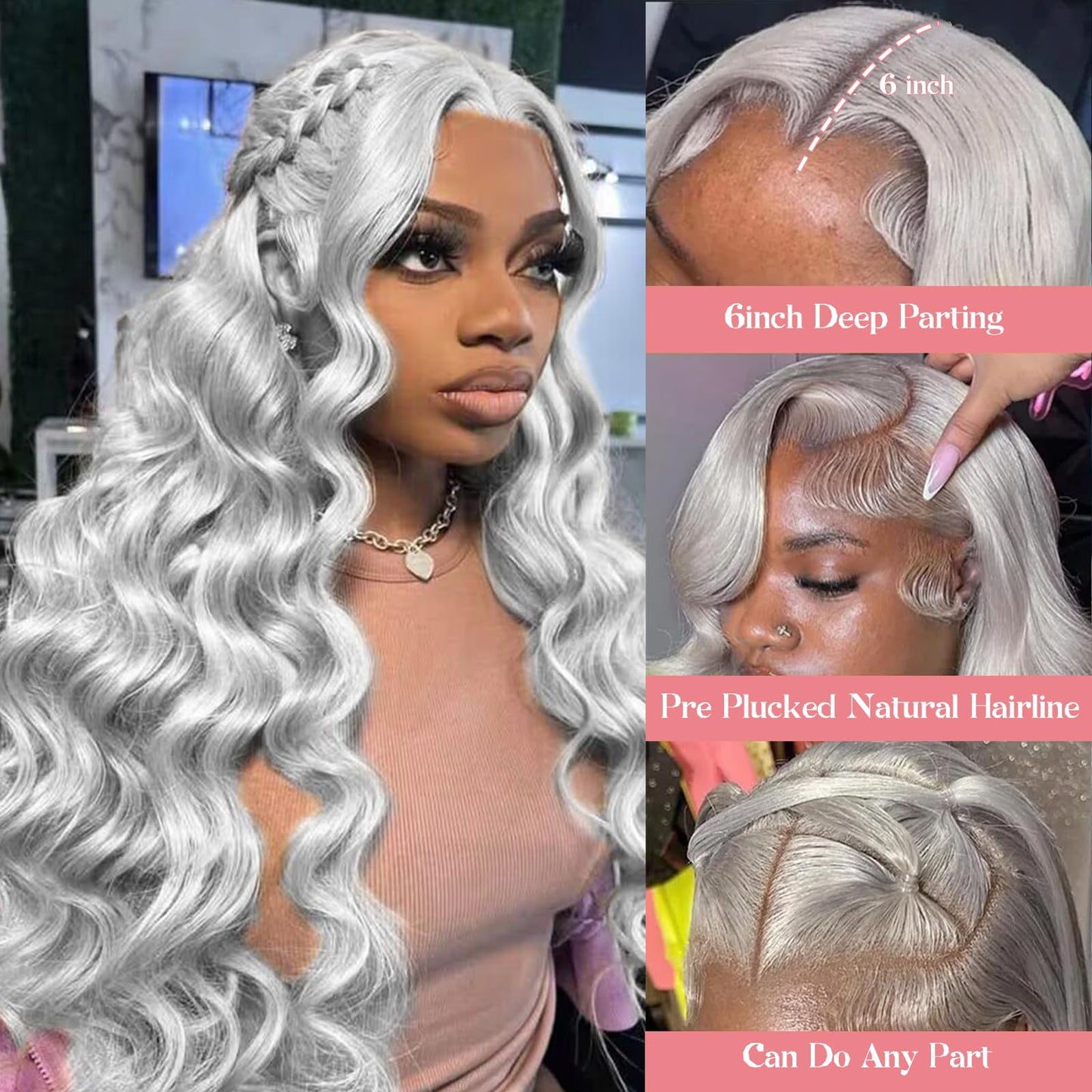 13x6 Lace Front Wig Human Hair, 180% Density Mini Knots HD Invisible Lace Wig for Women Free Part Glueless Silver Grey Colored Human Hair Wigs Long 34 Inch