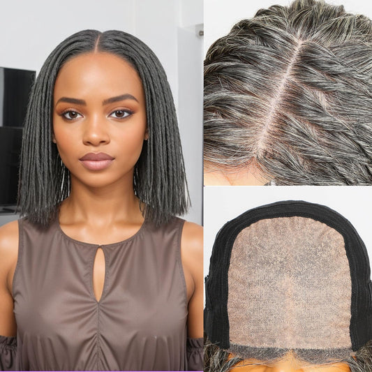 HANASCC Braided Wigs for Black Women Salt and Pepper Grey Twist Braid Wig Human Hair 10 inch Gray Glueless Short Bob Wig 5x5 HD Silk Base Lace Front 250% High Density