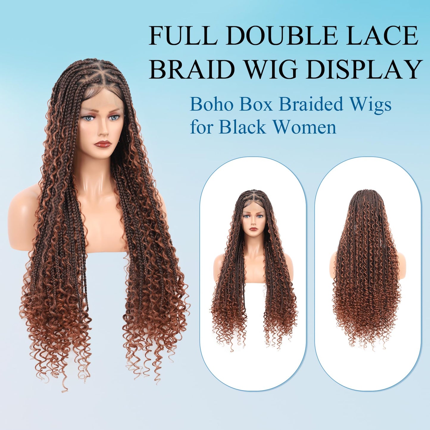 Olymei Boho Braided Wigs for Black Women Knotless Braided Wigs Box Braid Wig with Baby Hair Full Double Lace Ombre Brown Boho Braided Wig Premium Synthetic Lace Braided Wig,36" Double Lace