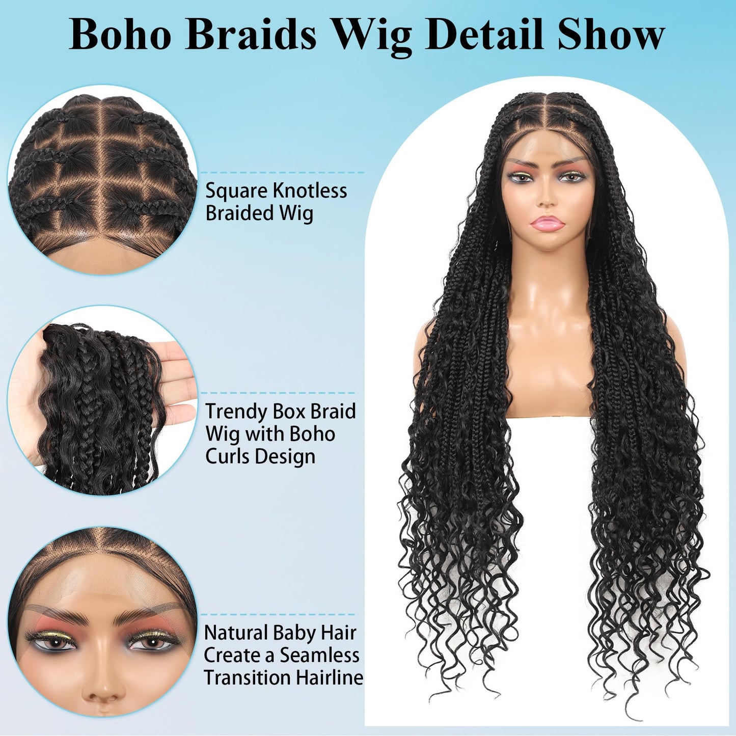 Olymei 360° HD Full Lace Front Knotless Braided Wigs for Black Women Boho Braided Wigs with Baby Hair Box Braid Wig Premium Synthetic Braid Lace Front Wig with Curly End Black 36"