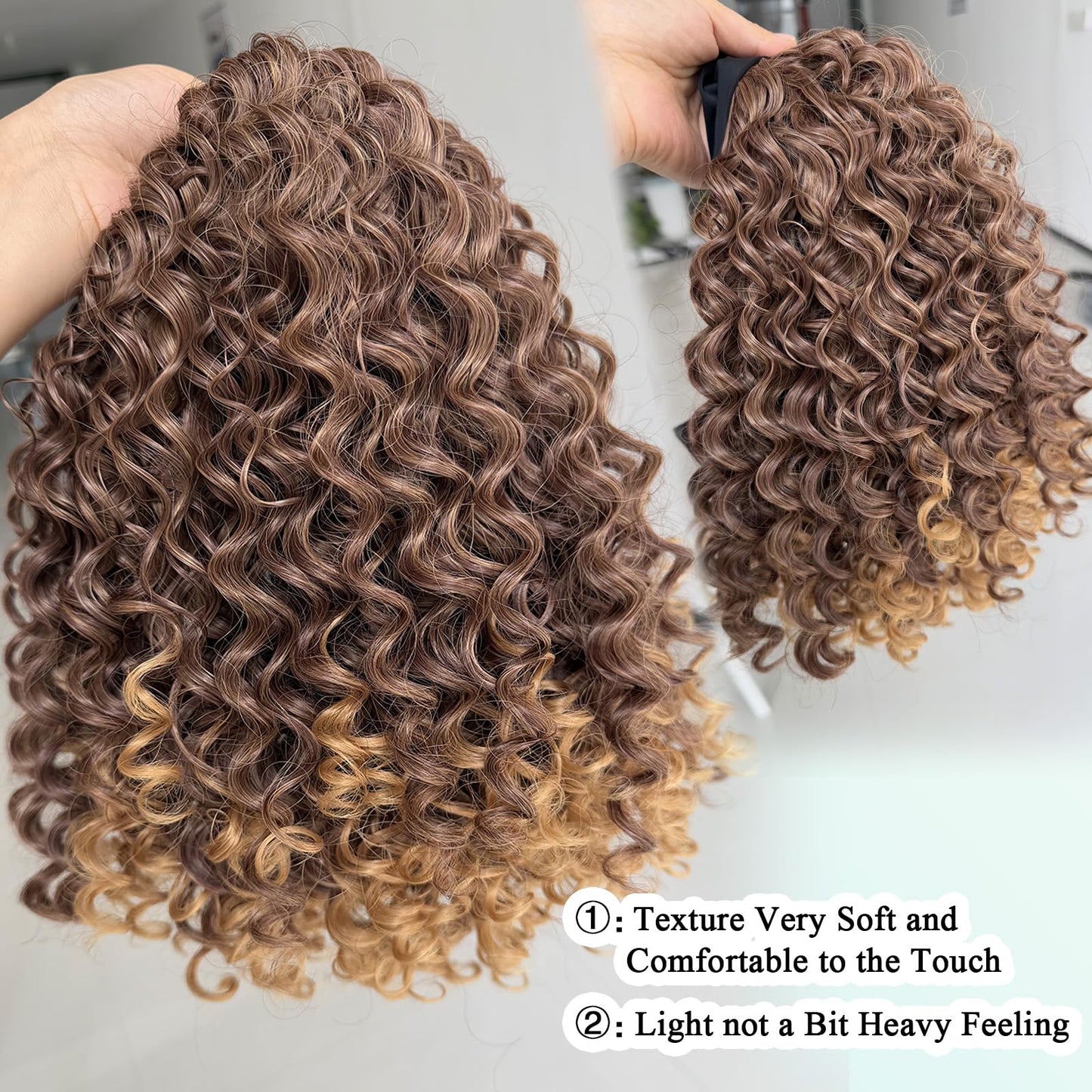 Aisaide Blonde Curly Headband Wig 12 Inch Kinky Ombre Brown Mixd Blonde Highlighted Headband Wigs for Women Short Glueless No Lace Deep Curly Half Hair Wigs