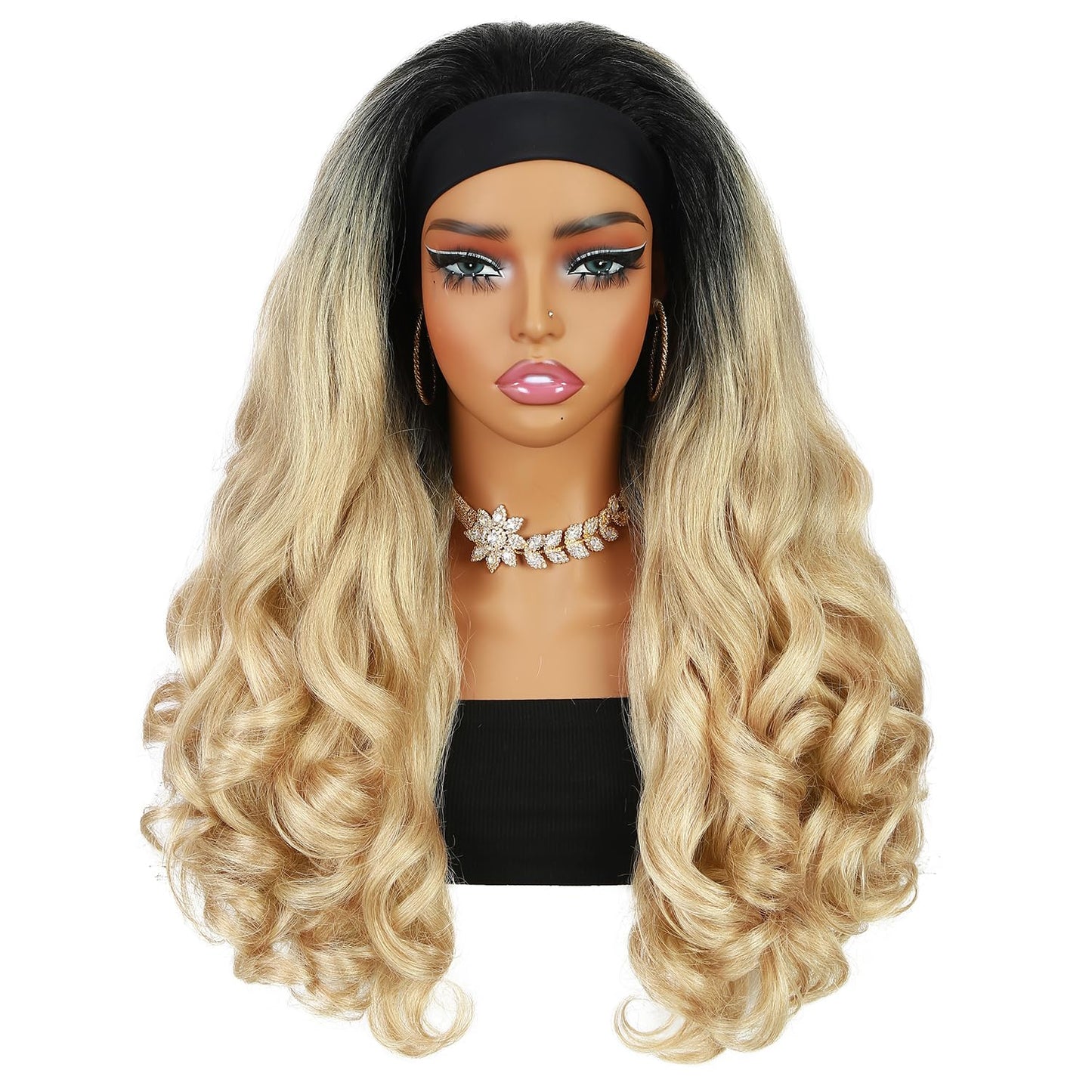 Quantum Love Yaki Curly Headband Wigs for Black Women Kinky Straight Ombre Blonde Headband Curly Ends Synthetic Wear and Go Glueless half Wig with Headbands Attached