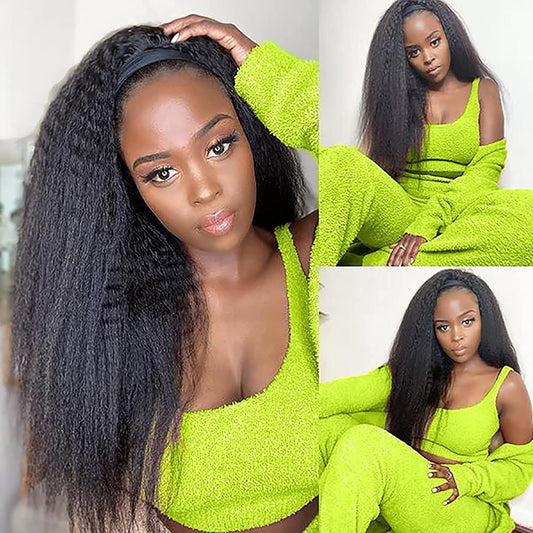 G&T Wig Yaki Straight Headband Wigs for Black Women Synthetic Yaki Headband Wig Long Kinky Straight Hair Wigs With Hair Band Attached 22 inch Full Machine Made None Lace Front Wig Natural Black Color